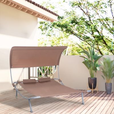 Bain de soleil 2 places lit de jardin design contemporain toit réglable 2 roulettes 2 oreillers acier époxy polyester marron