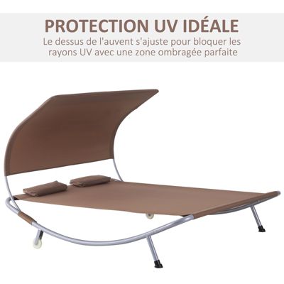 Bain de soleil 2 places lit de jardin design contemporain toit réglable 2 roulettes 2 oreillers acier époxy polyester marron