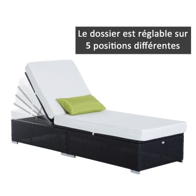 Bain de soleil grand confort dossier inclinable multi positions matelas épaisseur 10 cm crème résine tressée 4 fils noir