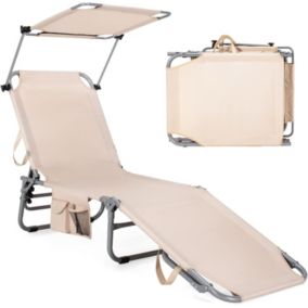 Bain de Soleil Pliable Inclinable à 5 Positions Auvent Rotatif Charge 150 KG Poche Latérale Cadre en Acier  Beige