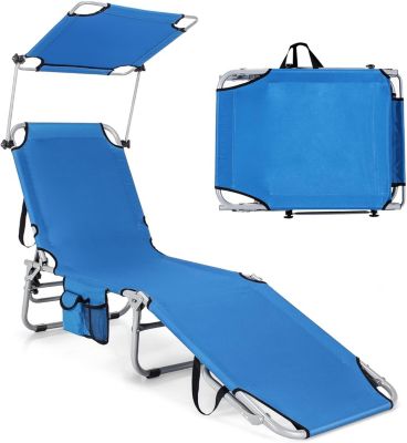 Bain de Soleil Pliable Inclinable à 5 Positions Auvent Rotatif Charge 150 KG Poche Latérale Cadre en Acier Bleu