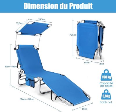 Bain de Soleil Pliable Inclinable à 5 Positions Auvent Rotatif Charge 150 KG Poche Latérale Cadre en Acier Bleu