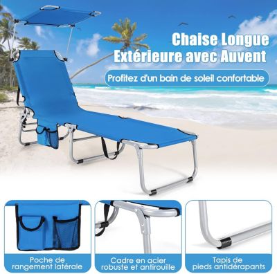 Bain de Soleil Pliable Inclinable à 5 Positions Auvent Rotatif Charge 150 KG Poche Latérale Cadre en Acier Bleu