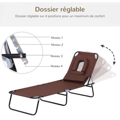 Bain de soleil pliable transat inclinable 4 positions chaise longue de lecture 3 coussins fournis marron