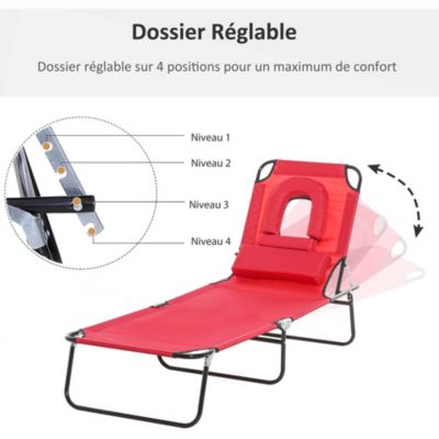 Bain de soleil pliable transat inclinable 4 positions chaise longue de lecture 3 coussins fournis rouge