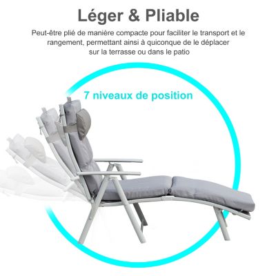 Bain de soleil pliable transat inclinable 7 positions avec matelas accoudoirs métal époxy textilène polyester