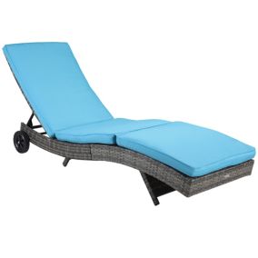 Bain de soleil transat grand confort - dossier inclinable 5 positions roulettes - matelas déhoussable inclus - résine tressée bleu