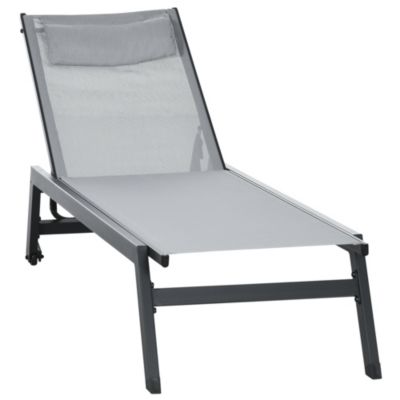 Bain de soleil transat inclinable 5 positions - tétière, 2 roulettes - alu. textilène gris