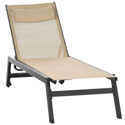 Bain de soleil transat inclinable 5 positions - tétière, 2 roulettes - alu. textilène kaki