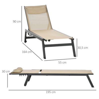 Bain de soleil transat inclinable 5 positions - tétière, 2 roulettes - alu. textilène kaki