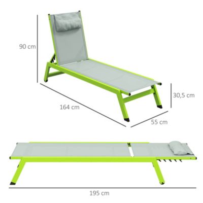 Bain de soleil transat inclinable 5 positions - tétière, 2 roulettes - alu. textilène vert
