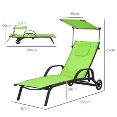 Bain de soleil transat inclinable pare-soleil réglable roulettes acier textilène vert