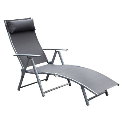 Bain de soleil transat pliable dossier inclinable multipostions têtière fournie métal époxy textilène gris