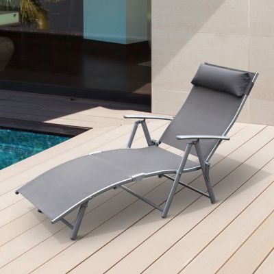 Bain de soleil transat pliable dossier inclinable multipostions têtière fournie métal époxy textilène gris