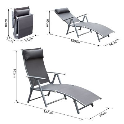 Bain de soleil transat pliable dossier inclinable multipostions têtière fournie métal époxy textilène gris