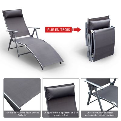 Bain de soleil transat pliable dossier inclinable multipostions têtière fournie métal époxy textilène gris