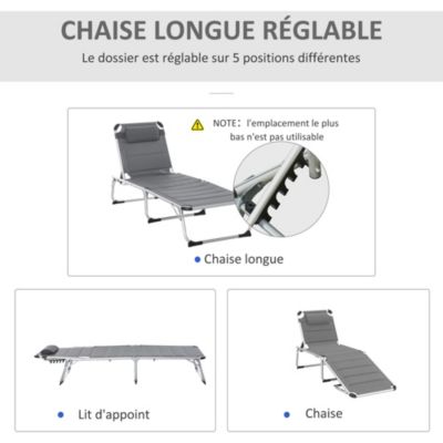 Bain de soleil transat pliable dossier réglable multi-positions matelassage tétière alu textilène gris