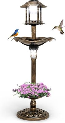 Bain oiseaux sur Pied Solaire Mangeoire Oiseaux Extérieur avec 2 Lampes à Energie Solaire Support Remplissable Bronze