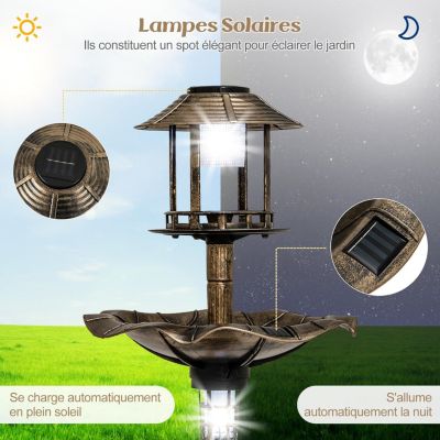 Bain oiseaux sur Pied Solaire Mangeoire Oiseaux Extérieur avec 2 Lampes à Energie Solaire Support Remplissable Bronze