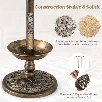 Bain oiseaux sur Pied Solaire Mangeoire Oiseaux Extérieur avec 2 Lampes à Energie Solaire Support Remplissable Bronze