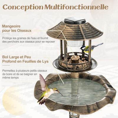 Bain oiseaux sur Pied Solaire Mangeoire Oiseaux Extérieur avec 2 Lampes à Energie Solaire Support Remplissable Bronze
