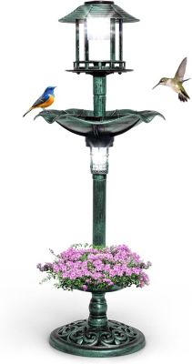 Bain oiseaux sur Pied Solaire Mangeoire Oiseaux Extérieur avec 2 Lampes à Energie Solaire Support Remplissable vert