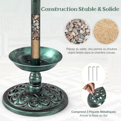 Bain oiseaux sur Pied Solaire Mangeoire Oiseaux Extérieur avec 2 Lampes à Energie Solaire Support Remplissable vert