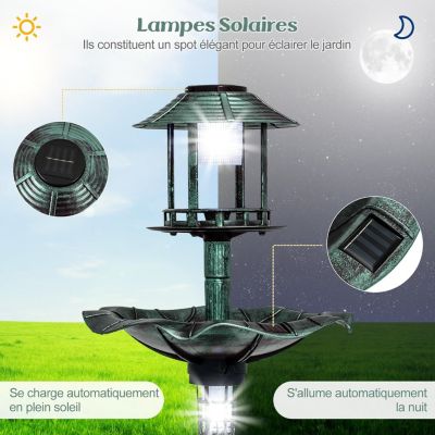 Bain oiseaux sur Pied Solaire Mangeoire Oiseaux Extérieur avec 2 Lampes à Energie Solaire Support Remplissable vert
