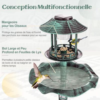 Bain oiseaux sur Pied Solaire Mangeoire Oiseaux Extérieur avec 2 Lampes à Energie Solaire Support Remplissable vert