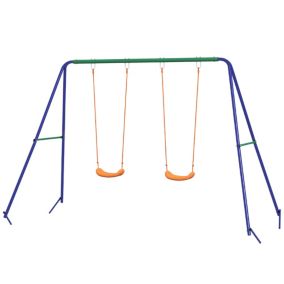 Balançoire 2 agrès portique avec 2 balançoires dim. 2,69L x 1,6l x 1,8H m métal époxy anticorrosion vert bleu PP orange