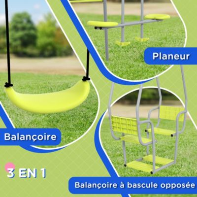 Balançoire 3 agrès portique 2 face à face et balançoire dim. 2,83L x 1,56l x 1,8H m métal époxy PE gris vert