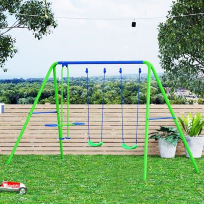 Balançoire 3 agrès portique avec 2 balançoires et face à face dim. 2,8L x 1,4l x 1,78H m métal époxy anticorrosion PE vert bleu