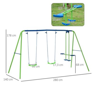 Balançoire 3 agrès portique avec 2 balançoires et face à face dim. 2,8L x 1,4l x 1,78H m métal époxy anticorrosion PE vert bleu