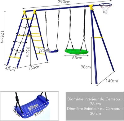 Balançoire 3 en 1 à Cadre en A Charge 200kg Balançoire 3 Agrès 1 en Forme de U 1 Face à Face 2 Anneaux Gymnastique