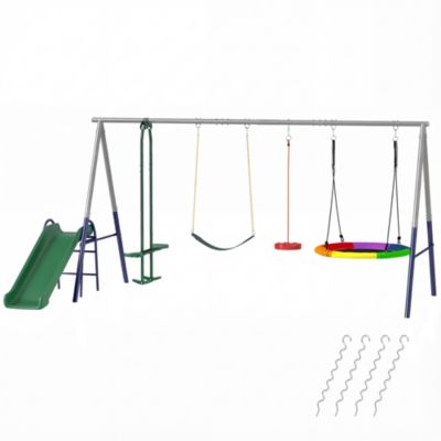 Balançoire aire de jeux 4+1 agrès acier gris bleu