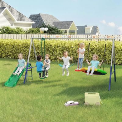 Balançoire aire de jeux 4+1 agrès acier gris bleu