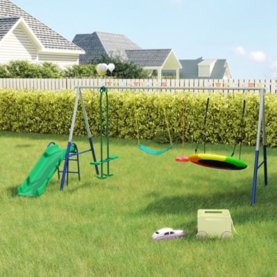 Balançoire aire de jeux 4+1 agrès acier gris bleu