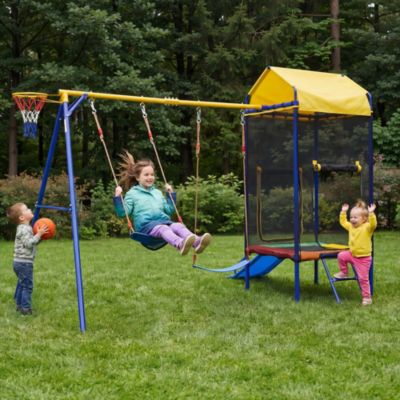 Balançoire - Aire de Jeux Extérieure Multifonctionnelle, Trampoline, Toboggan et Panier de Basket, Structure Métal, Multicolore