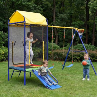 Balançoire - Aire de Jeux Extérieure Multifonctionnelle, Trampoline, Toboggan et Panier de Basket, Structure Métal, Multicolore