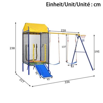 Balançoire - Aire de Jeux Extérieure Multifonctionnelle, Trampoline, Toboggan et Panier de Basket, Structure Métal, Multicolore