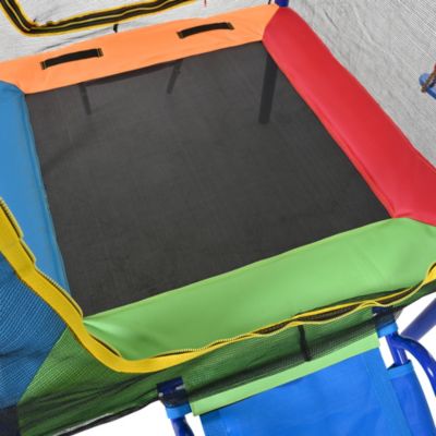 Balançoire - Aire de Jeux Extérieure Multifonctionnelle, Trampoline, Toboggan et Panier de Basket, Structure Métal, Multicolore