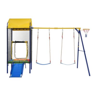 Balançoire - Aire de Jeux Extérieure Multifonctionnelle, Trampoline, Toboggan et Panier de Basket, Structure Métal, Multicolore