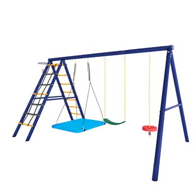 KOMFOTTEU Ensemble de Balançoire 5 en 1 avec 2 Balançoires, Échelle d' escalade, Filet d'escalade et Panier de Basket, Balançoire Enfant avec Cadre, Portique Balançoire d'extérieur