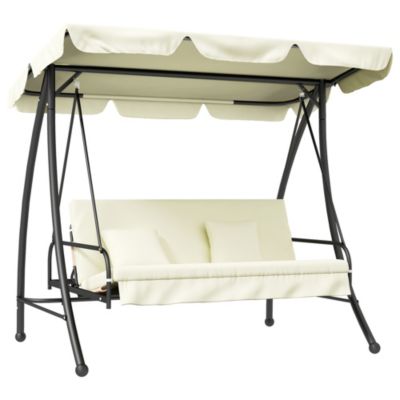 Balançoire de jardin 3 places 2-en-1 avec fonction lit, banc convertible avec toit pare-soleil réglable, 200 x 125 x 170 cm, beige