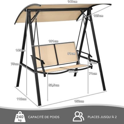 Balançoire Patio 2 Personnes Balancelle 2 Places avec Auvent Inclinable Réglable Accoudoirs Incurvés Charge 240KG