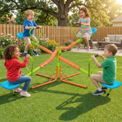 Balançoire pivotante à 4 places pour aire de jeux extérieure, plastique résistant, barre de sécurité, pour +3 ans.