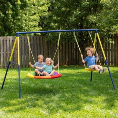 Balançoire portique pour enfant 3 à 8 ans cadre acier jaune bleu