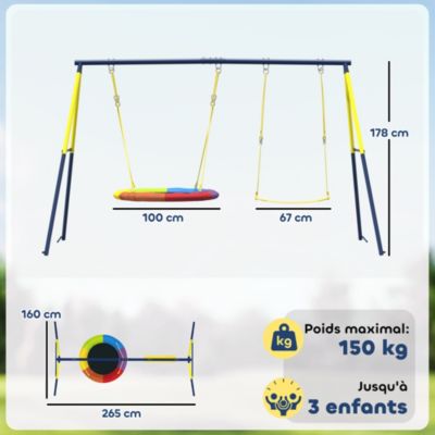Balançoire portique pour enfant 3 à 8 ans cadre acier jaune bleu
