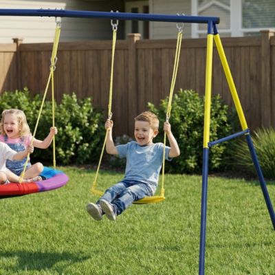 Balançoire portique pour enfant 3 à 8 ans cadre acier jaune bleu