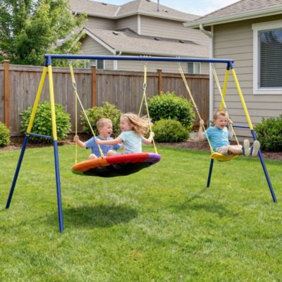 Balançoire portique pour enfant 3 à 8 ans cadre acier jaune bleu